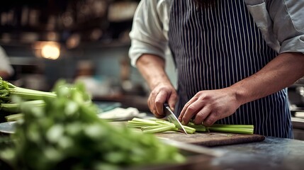Chef in apron and focused on cutting celery sticks