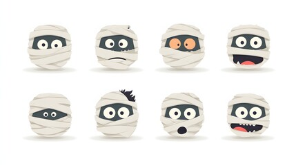 Cartoon mummy face and wrap icons in vector