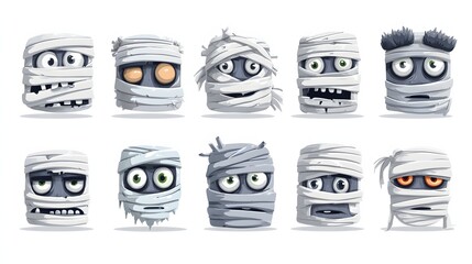 Cartoon mummy face and wrap icons in vector