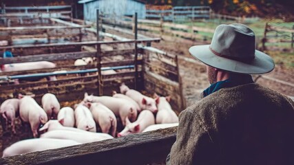 Male farmer watches over pigs in a pen, surrounded by wooden fencing and a rustic barn, showcasing rural life and farming practices - Powered by Adobe