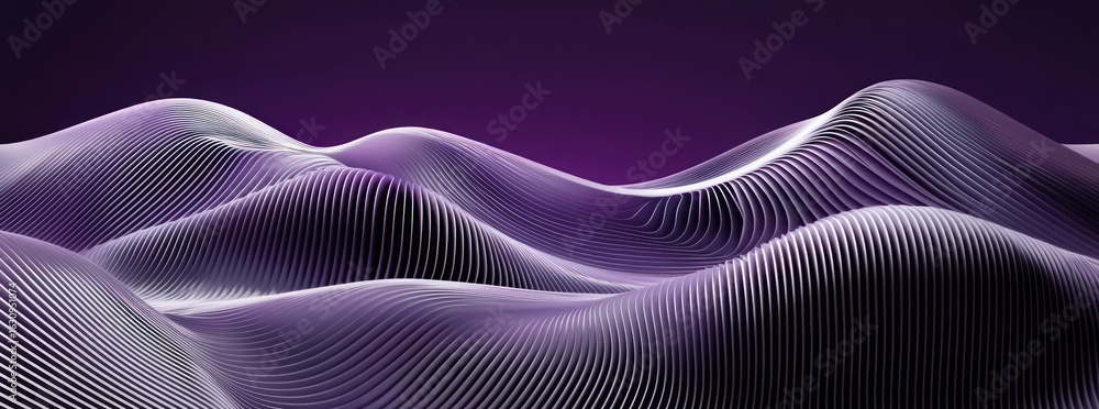 Poster abstract digital waves in purple hues with geometric pixelated surface and gradient background