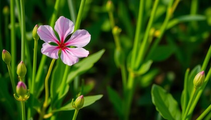 A single pink flower blossoms amidst lush green stems, picture, green stems