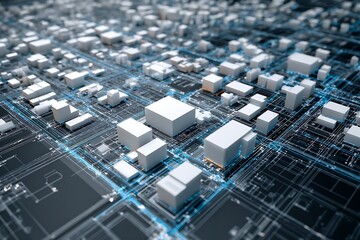 Advanced digital circuit board with glowing blue data pathways and white components