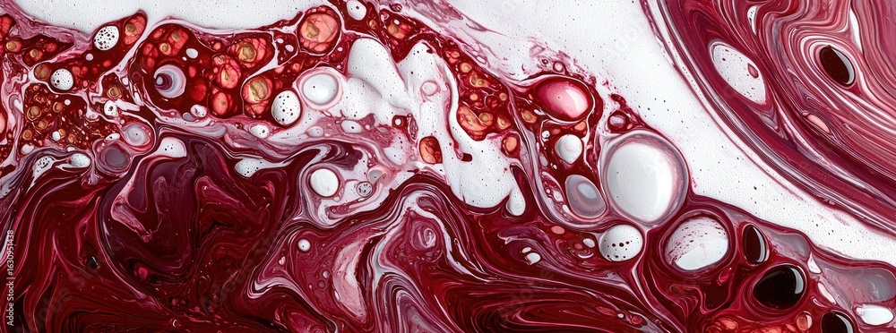 Poster abstract fluid art with swirls of red and white colors in a macro shot depicting liquid bubbles and 