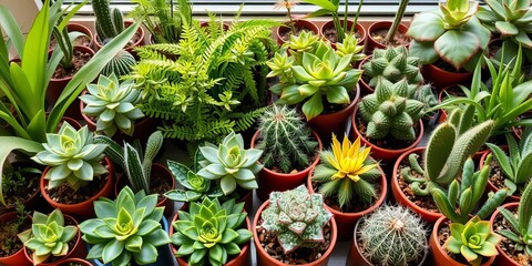 Variety of potted indoor green plants including succulents and cacti,  greenery,   potted plant