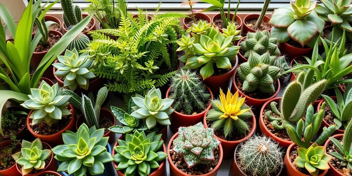 Variety of potted indoor green plants including succulents and cacti, greenery, potted plant