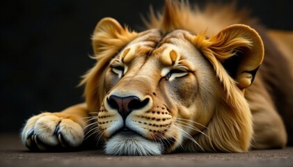 Sleeping lion's face, showing whiskers and peaceful features , mouth, fur