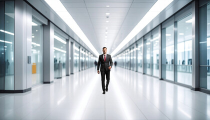 Fototapeta premium Businessman walking out of the hallway of a modern building.