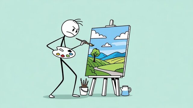 Stick Figure Artist Painting a Landscape