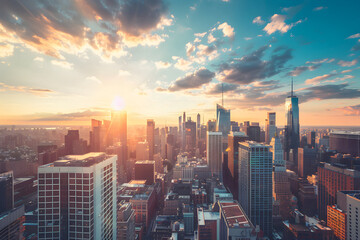 Golden hour skyline over a modern city with dramatic clouds and glowing sunlight
