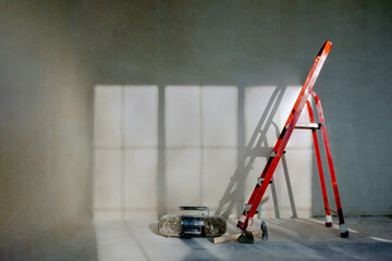 Old tape recorder, with paint for workers, Red ladder stepladder, Repair concept.