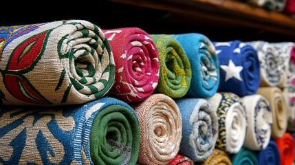 Stacked Rolled Multi Colored Woven Rugs with Varied Patterns and Textures in Soft Market Lighting
