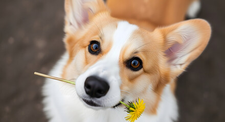  Close-up of a Corgi dog looking up with curious eyes, while holding a yellow dandelion flower in its mouth.