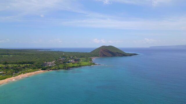 Aerial Drone View of the South Maui Coastline with the Iconic Puʻu ʻŌlaʻi Cinder Cone in the Background, Makena, Hawaii