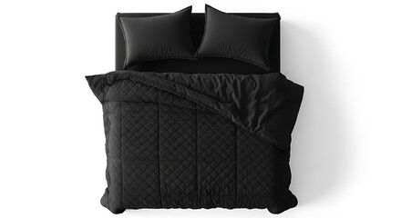 Top view of a black bed with pillows and duvet on white background