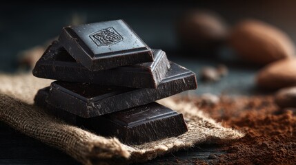 Rich dark chocolate squares captured medium shot with glowing antioxidant and shield icons softly outoffocus environment illustrating powerful wellness effects.