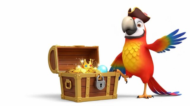 Playful cartoon parrot next to a treasure chest a colorful parrot character in a pirate hat stands near a rich treasure chest against a plain background