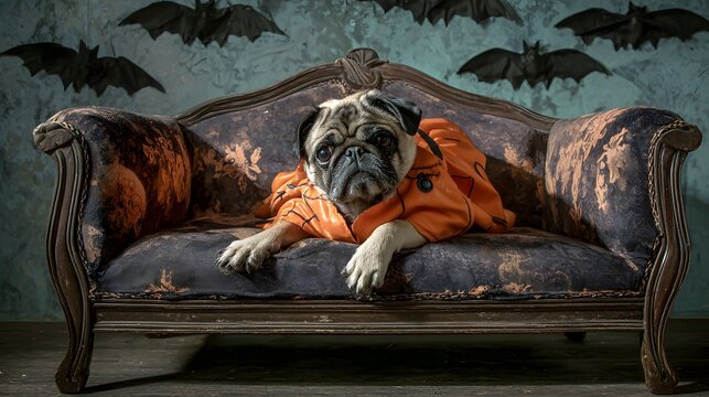 A pug in a pumpkin costume - Powered by Adobe