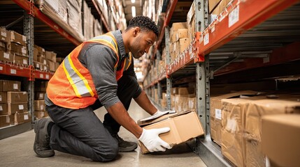 Warehouse worker placing a box on a shelf.