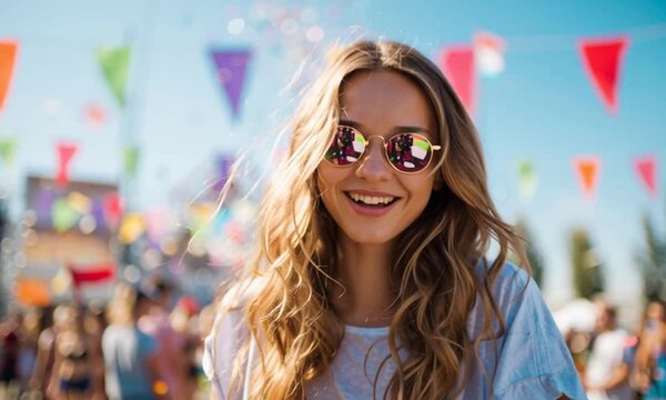 an attractive cheerful Czech woman at a sunny outdoor music rave festival, wearing reflective sunglasses