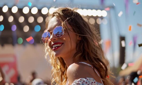 an attractive cheerful Czech woman at a sunny outdoor music rave festival, wearing reflective sunglasses