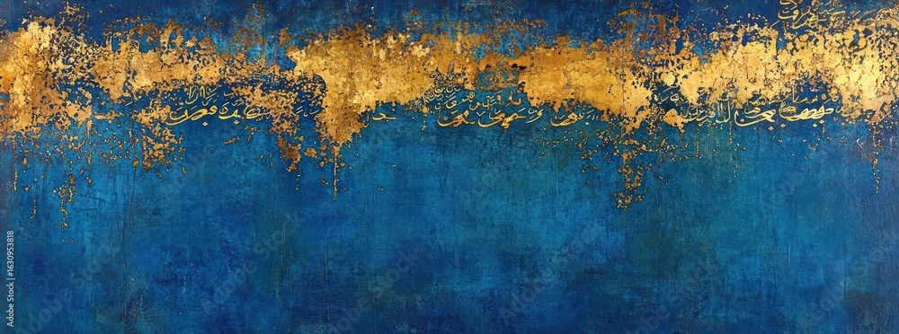Poster abstract gold glitter flows over blue textured surface creating a luxurious and decorative backgroun