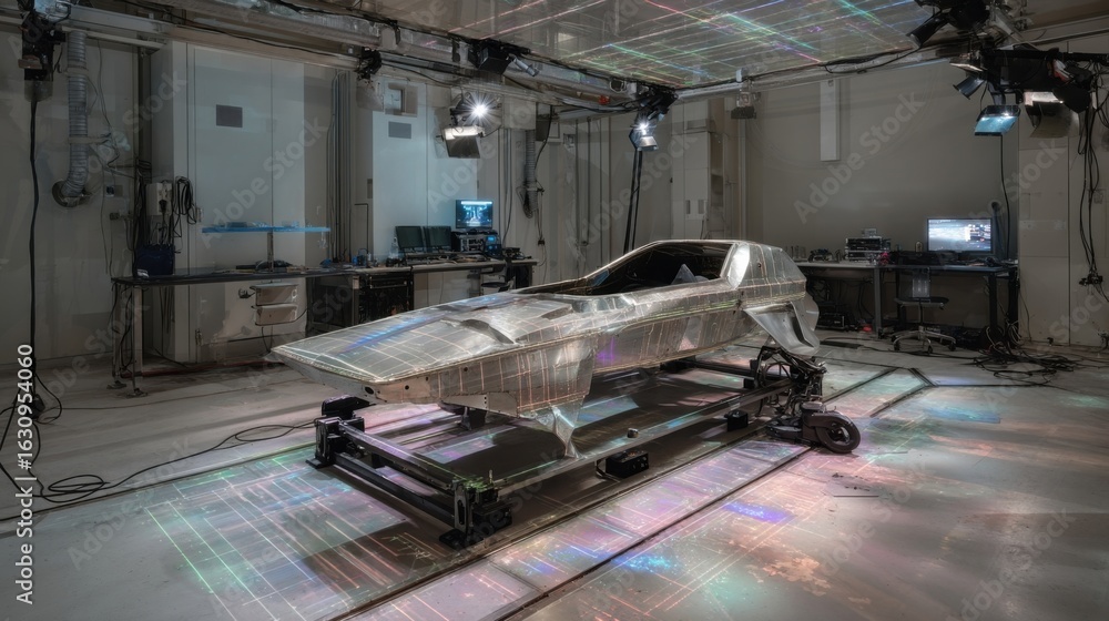 Poster a dynamic perspective of the evtol fuselage jig during testing with sensors attached to the cfrp sna