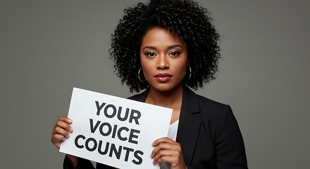 A person holding a sign with the message Your Voice Counts. 