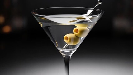 Classic martini cocktail with olives on a skewer in elegant glass for sophisticated drink lovers video 4k - Powered by Adobe