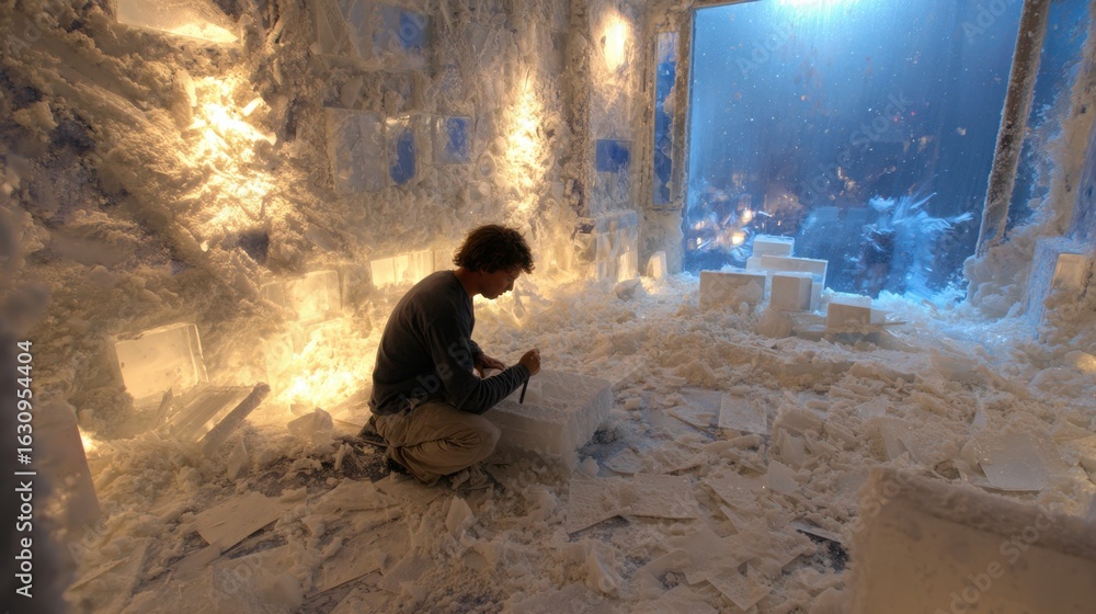 Poster timelapse style scene of an artist transforming a rough ice cube into a delicate sculpture surrounde