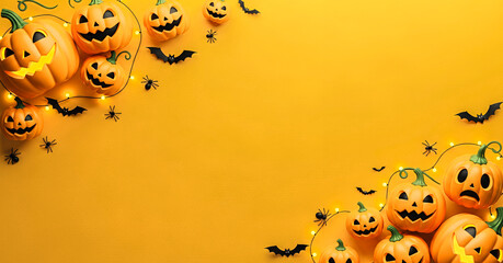 Playful Halloween characters like grinning pumpkins, bats, and spiders decorate a bright orange background, perfect for party invites or seasonal banners.