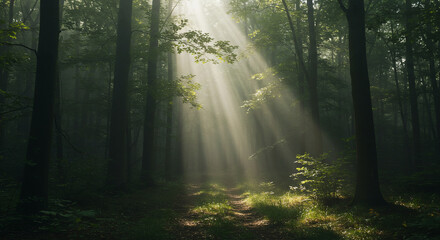 Dense green forest with sun rays breaking through mist