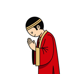 Cartoon illustration of a man bowing with hands clasped in a gesture of respect or greeting.