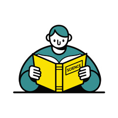Cartoon illustration of a person reading a science textbook.