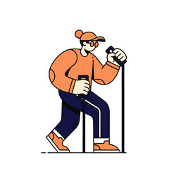 A person hiking with trekking poles, wearing a cap and glasses, depicted in a stylized, flat illustration.