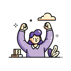 Excited cartoon woman with raised arms, celebrating financial success.