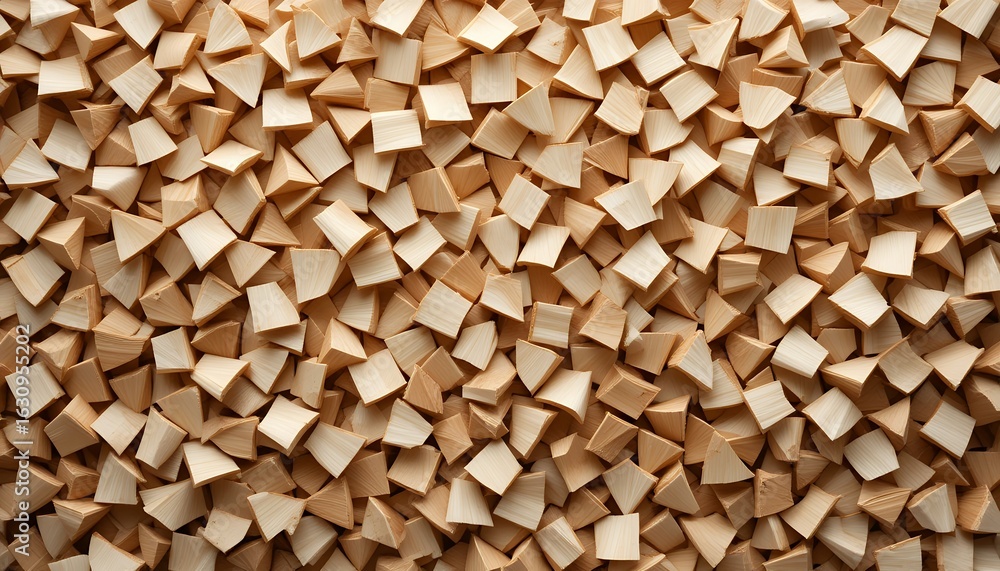 Poster close up of numerous small wooden cubes creating an abstract textured surface with natural tones