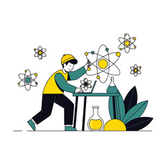 A scientist working on atomic structures, using a laptop and lab equipment.