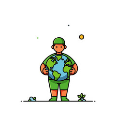 A cartoon figure holding the Earth, symbolizing global responsibility.
