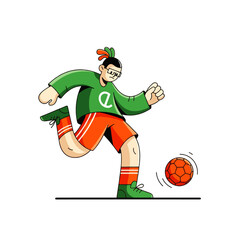 Cartoon illustration of a soccer player in motion, kicking a ball.