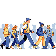 Students walk together, carrying backpacks and books, on their way to or from school.