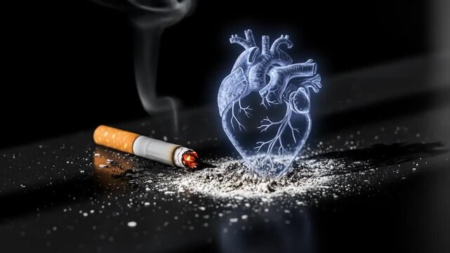 Burning cigarette with heart shape smoke, concept of smoking and heart disease