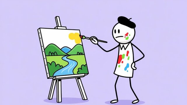 Stickman Artist Painting a Landscape on Easel
