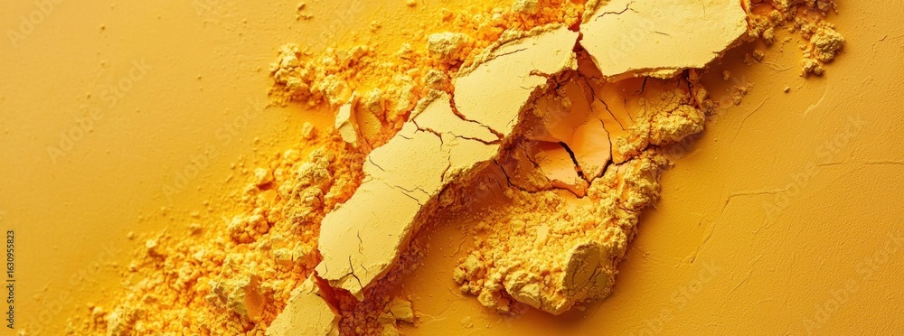 Poster abstract macro view of crushed yellow surface with broken sections and earthy texture