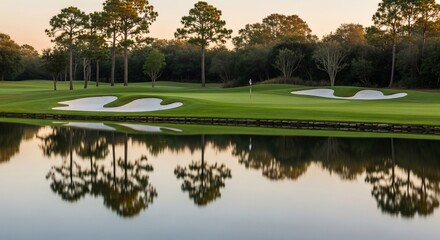 Serene golf course fairway with manicured greens, sand traps, and reflective water mirroring tall trees under a soft sky.