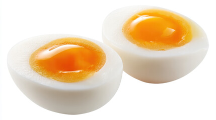 Soft boiled egg halves with bright orange yolk and smooth white surface isolated on white background