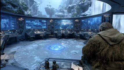 Futuristic control room with panoramic view of snowy mountains and waterfalls
 - Powered by Adobe