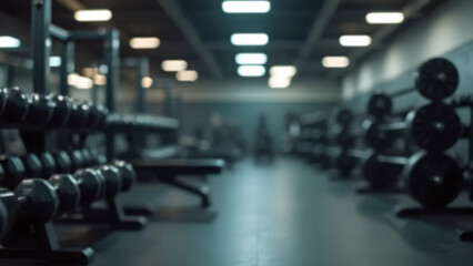 Blurred image of a gym area with dumbbell racks, bench press station, metallic tones, suitable for use as a bodybuilding advertisement background.