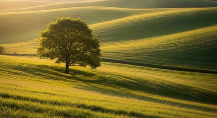A solitary tree stands in a rolling green field, bathed in the warm light of the setting sun, casting long shadows across the landscape.