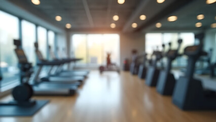 Blurred image of a gym area with dumbbell racks, bench press station, metallic tones, suitable for use as a bodybuilding advertisement background.